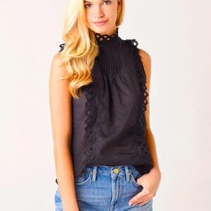 FRAME Embroidered High Neck Sleeveless Top In Black Size S